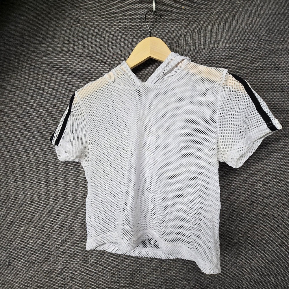 Peachy Girl White Mesh Short Sleeve Hoodie Striped Fishnet Crop Top Women Medium